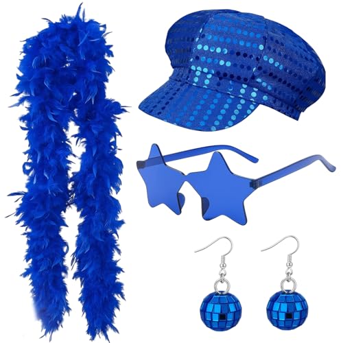 4-Piece Abba Accessories Set Blue Feather Boa with Sequin Hat Funky Earrings and Star Glasses Retro Disco Dress Up for Women Perfect for Theme Parties Dance Performances and Music Festivals