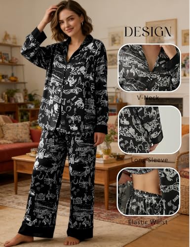 Image of Yimoon Satin Pajama Set for Women Silk Pajamas Set 2 Piece Floral Cute Pj Set Long Sleeve Pjs Sleepwear