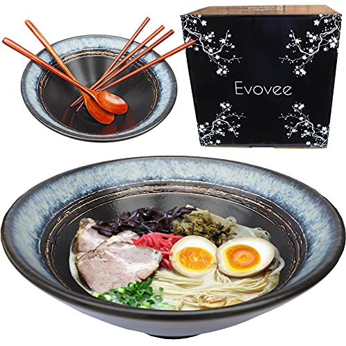 Evovee Japanese Ramen Bowls and Spoons Set 60 oz Ceramic Extra Large Asian Noodle Bowls Ramen Bowls and chopsticks and spoons set of 2 Japanese Bowls Pho Bowl Ramen Bowl Set 9 inch Blue Black