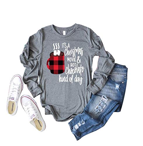 Its A Christmas Movie Hot Chocolate Kind of Day Sweatshirt Plaid Cup Graphic Merry Christmas Pullover Top (Gray, Medium)