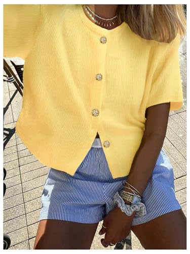 GORGLITTER Women's Short Sleeve Button Up Cardigan Crew Neck Lightweight Summer Cute Boho Knit Sweaters Tops4