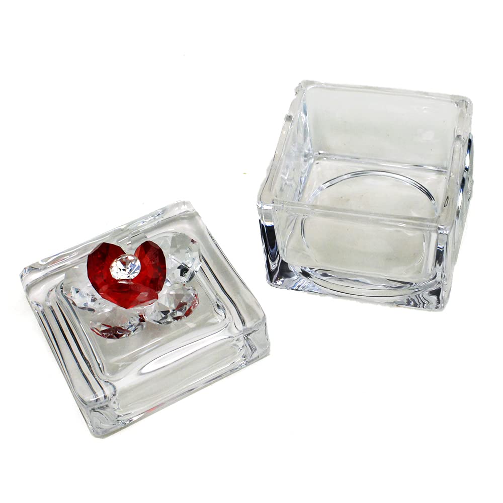 DLM 34453-rosso (Kit 12 Pezzi) Scatola Scatolina Porta Confetti in Vetro con Fiore colorato in Cristallo e Cuore Battesimo Fonte Battesimale Confettata_Rosso bomboniera