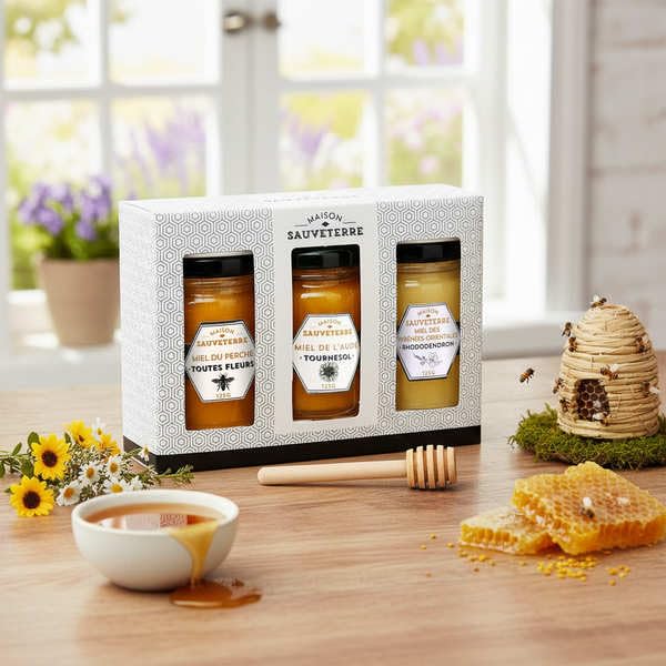 Coffret cadeau 3 miels de France et cuillère à miel - Coffret cadeau 3x125g