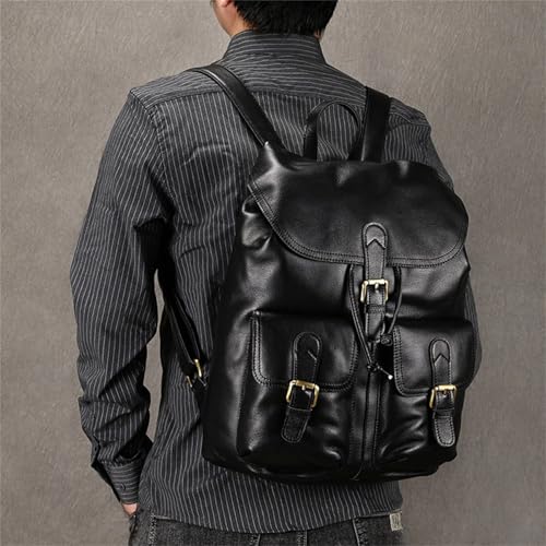 Mens Backpack Shoulder Bag Men's Vintage Leather Travel Bag Backpacks for Camping Outdoor Sport,Noir-41x30x16cm2