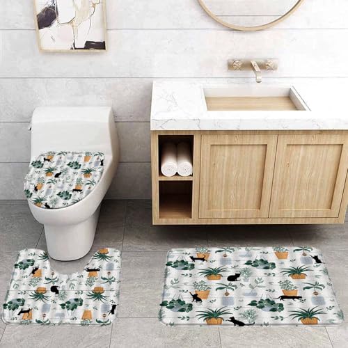 VPUPCN Potted Plants Cat 3 Pcs Bath Rugs Set,Tropical Green Plant Boho Botanical Cute Kitten Greenhouse Garden Bathroom Kitchen Rug with 16