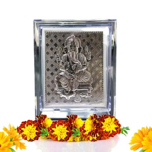Image of UAX 999 Pure Silver Ganpati Idol Frame, Pooja Frame, Tabletop Car Dashboard Photo Frame | Bappa Ganesh Frame | Acrylic Silver Acrylic Hindu Idol f