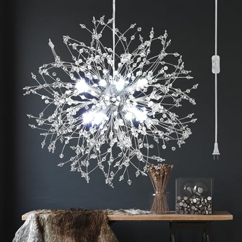 JZQWCK Plug in Crystal Chandelier, Modern Plug in Pendant Light Hanging Light Fixture 2-in-1 Chrome Pendant Light Dandelion Chandeliers for Dining Room Bedroom Kitchen Foyer Entryway Living Room by JZQWCK - Used condition - US$64.76