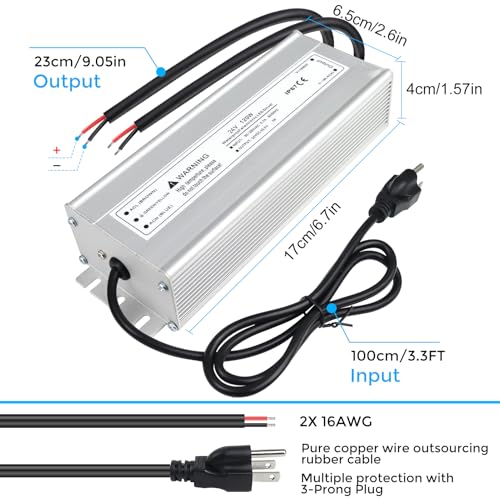 Image of LightingWill LED Driver 120 Watts Waterproof IP67 Power Supply Transformer, 90-265V AC to 24V DC Low Voltage Output, Adapter with 3-Prong Plug 3.3 Feet Cable for Outdoor Use, Computer Project
