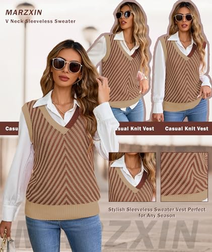 Image of MARZXIN Women Sleeveless Sweater V Neck Casual 2026 Fall Knitted Chevron V Neck Sweater Vest Color Block Pullover Sweater Top