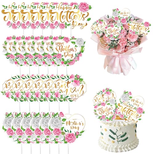 24 Pcs Happy Mother’s Day Cake Topper,Mother's Day Cake Party Decorations,Cake Bouquet Inserts,Mother's Day Bouquet Decorations,Birthday Party Cake Toppers