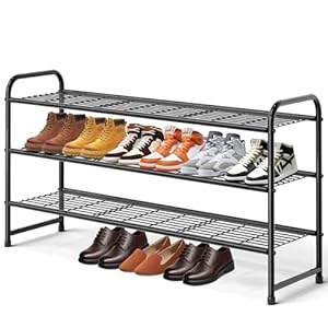 KEETDY 3-Tier Long Shoe Rack for Closet Metal Shoe Organizer for Entryway, Wide Stackable Shoe Storage Shelf with Sturdy Wire Grid for Closet Floor, Bedroom, Black