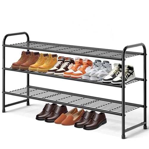 KEETDY 3-Tier Long Shoe Rack for Closet Metal Shoe Organizer for Entryway, Wide Stackable Shoe Storage Shelf with Sturdy Wire Grid for Closet Floor, Bedroom, Black