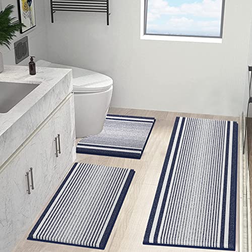 Sunhop 3 Piece Bathroom Rug Set, Ultra Soft Non Slip Bath Rug And Absorbent Chenille Bath Mat, Perfect Plush Bathroom Mats For Bathroom, Machine Washable (17"X26"+20"X47"+20" X20", Navy Blue) #TOP5