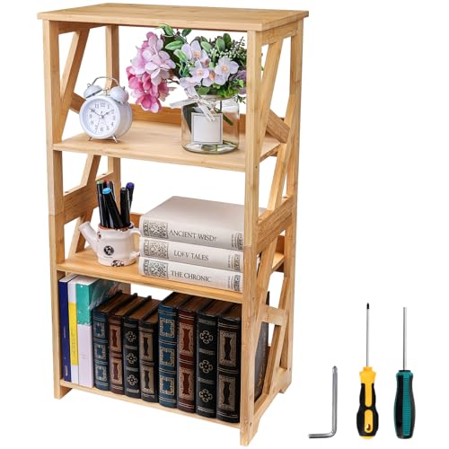Hedume Bookcase, 3-Tier Open Shelf Bookcase, Small Bamboo Bookshelf, Bamboo Natural Shelving, Book...