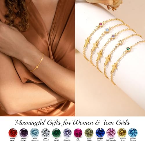 Cross Bracelet with Birthstone Dainty Gold Bracelets for Women Birthday Gift Christian Gifts for Her Religious Faith Baptism Confirmation Gifts for Teen Girls Christmas Jewelry for Sister Daughter Granddaughter Girlfriend