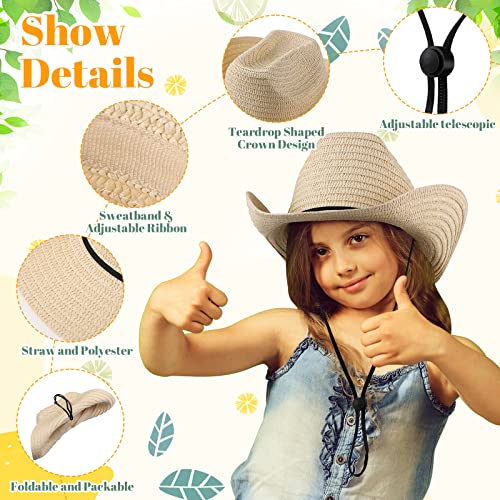Image of Unittype 48 Pcs Kids Cowboy Hat Bulk Western Party Straw Cowboy Cowgirl Sun Hat Set with Lanyard for Children Boy Girl Party Costume Accessories