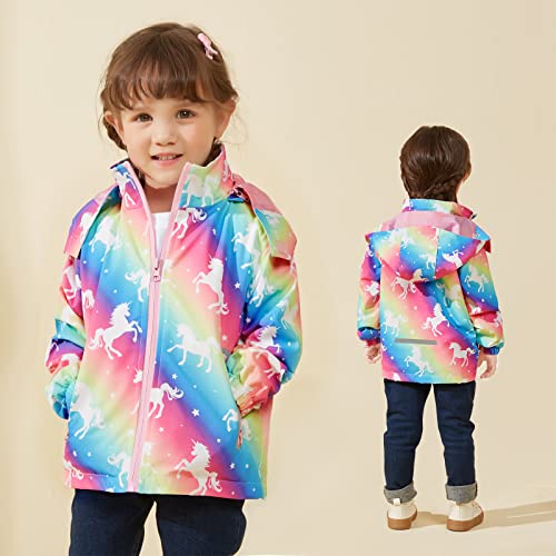 Wawsam Unicorn Girls Rain Jacket Lightweight Kids Raincoat Outdoor Unicorn Rain Coat Toddler Hooded Windbreakers Outwear Waterproof Rainbow Rain Poncho Coats For School Travel Outdoor Sports #TOP4