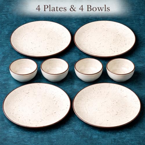 Image of Handcrafted Ceramic Stoneware Dinner Set of 12 Pieces with Serving Bowls | 6 Dinner Plates & 6 Bowl /katori | Bone Ash Free | Microwave and Dishwasher Safe - Off White