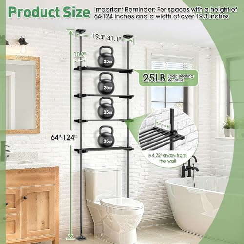 Image of SUNALLY Over The Toilet Storage Shelf, 4-Tier Adjustable Over Toilet Bathroom Organizer,Tension-Mounted Bathroom Storage Rack for Ceilings, No Drill Space-Saving Shelving for Small Rooms,Black