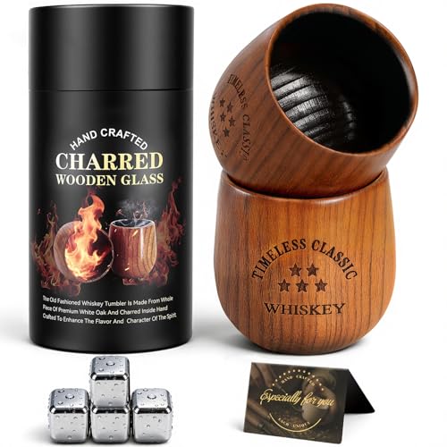 SALUNA Charred Wooden Bourbon Drinking Glass - Oak Whiskey Tumbler Whisky Glasses...