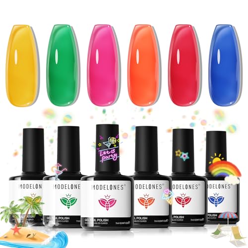 Image of modelones Gel Nail Polish Set, 6 Colors 2026 Summer Vivid Bright Rainbow LGBT Neon Jelly Gel Polish Hot Pink Red Blue Yellow Green Orange Sheer Translucent Effect Nail Polish Soak Off LED DIY Gift