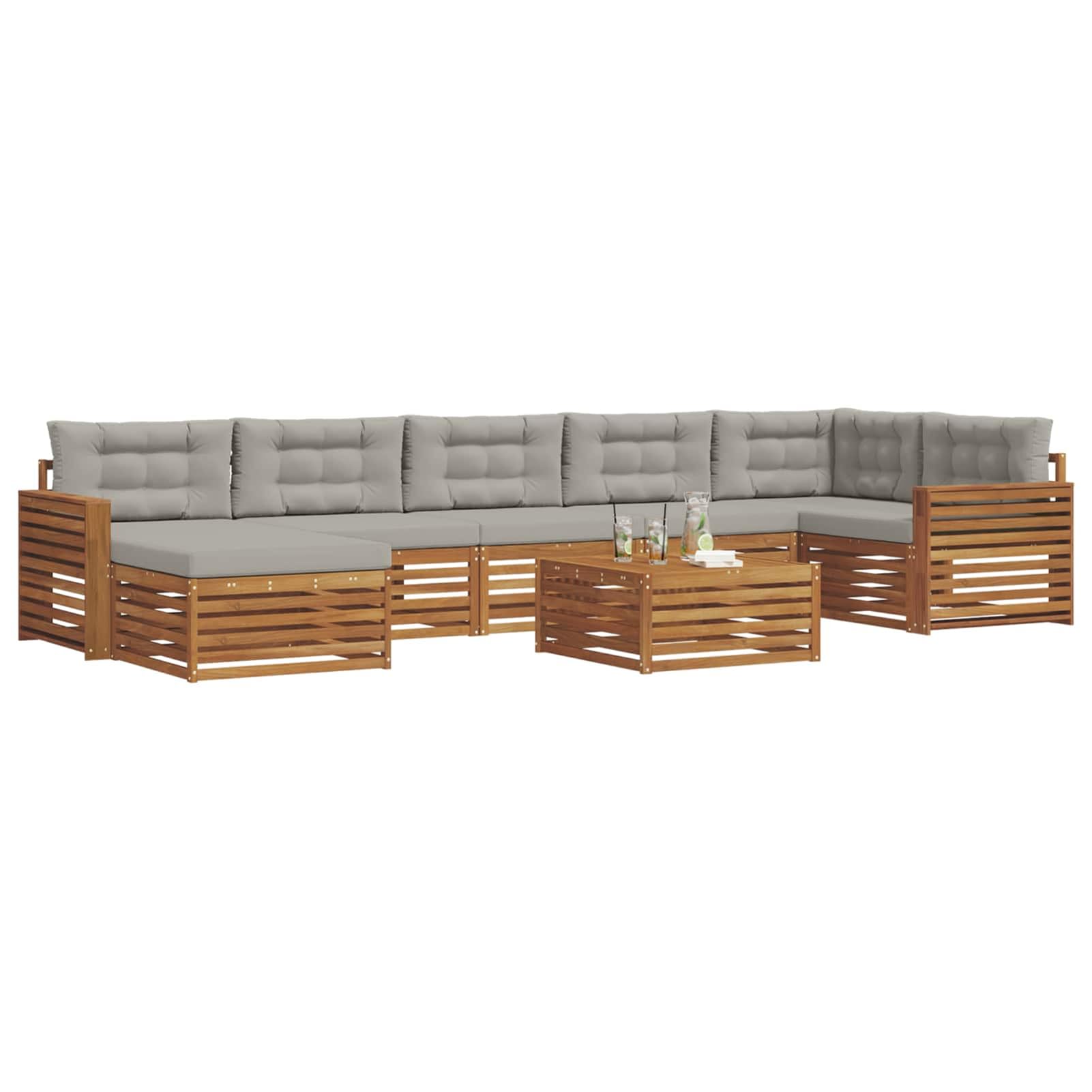 Anself Set di divani da esterno 8 pcs Grigio Naturale e Chiaro design a doghe texture di legno naturale cuscini spessi 8 cm per giardino patio3373866