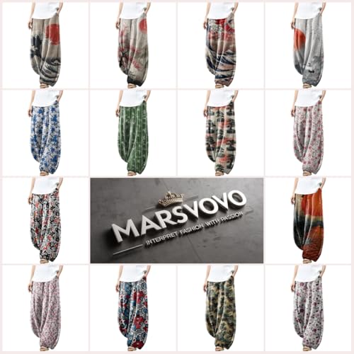 MARSVOVO Women's Palazzo Pants Dressy Casual Elastic Waist Hippie Pants Japanese Art Loose House Outdoor Pants Plus Size2