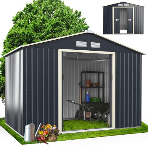 RELAX4LIFE Abri de Jardin Métal 5m2 avec Porte Coulissante Toit en Pente, Cabane de Jardin Extérieur 277x192x202cm Bricolage Rangement Cananon de Jardin...