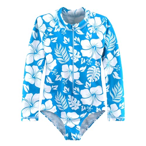 Image of Girls Long Sleeve One Piece Swimsuit Rash Guard Swimwear Zipper Quick Dry Bathing Suits Sun Protection UPF 50+ (Ages 4-12)