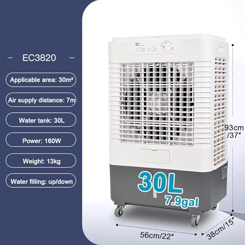 Enfriador de aire evaporativo portátil – Enfriador de pantano de 3 velocidades, 50 L/13.2 galones de aire acondicionado al aire libre para uso comercial, refrigeración eficiente para fábricas y patios