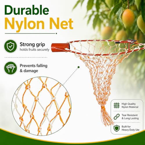 Image of Go Garden Mango Fruit Plucker with Net | Heavy Duty Fruit Picker & Harvester Tool | Mango Picker Nylon Net with Metal Frame | 5-7 Kg Capacity Fruit Basket | Garden Tool for Safe Picking