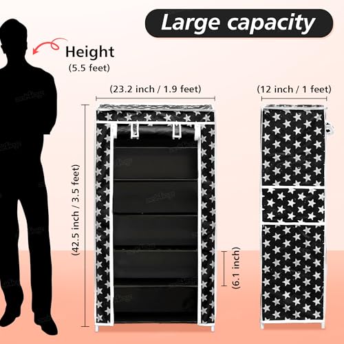 Image of Zest 4 Toyz Star Printed Shoe Rack with 6 Shelfs Zip Cover and Side Pocket Multipurpose Racks Shoe Organizer Cum Book Organizer Non Woven Fabric (Black)