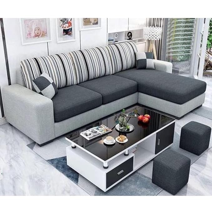 Sleepify Luno 4 Seater Fabric RHS L Shape Sofa Set with 2 Puffy (Dark Grey-Light Grey)
