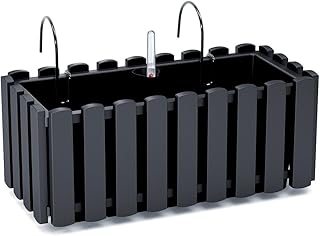 Blumenkasten Blumentopf Balkonkasten Latten-Optik mit Halterungen Wasserspeicher Pflanzkasten Pflanzgefäß inkl. Aufhängung Lattenzaun-Design (380 Anthrazit)