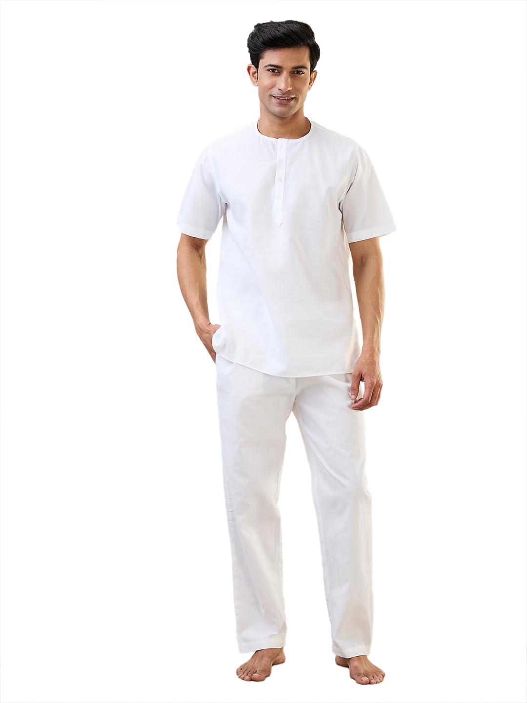 Men Comfort Fit Solid Pattern Cotton Polyester Blend Round Neck Kurta Set-image-41