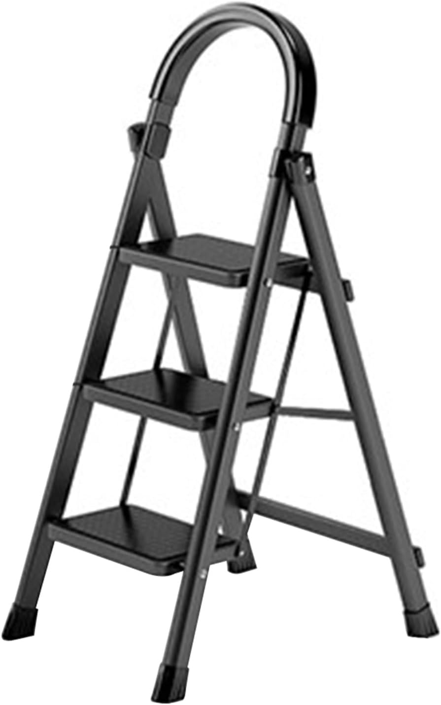 3-Step Ladder Folding Steel Stool with Handrail Tool Holder Wide Anti-Slip Pedal Lightweight Portable Ladder for Home & Kitchen 330lbs Capacity