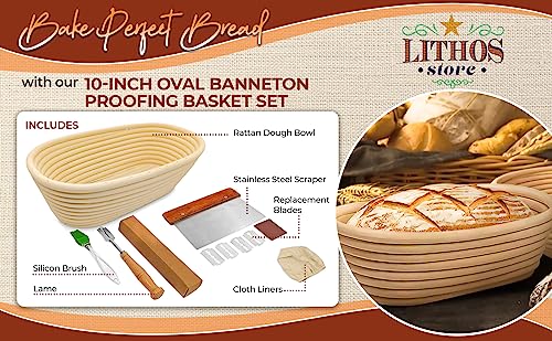 Lithos Bread Proofing Basket Set Of 2-10 Inch Oval Banneton Baskets Kit - Splinter-Free Rattan Bowl, Non-Stick, Cloth Liners & 4 Accessories - Gifts For Home Bakers #TOP1
