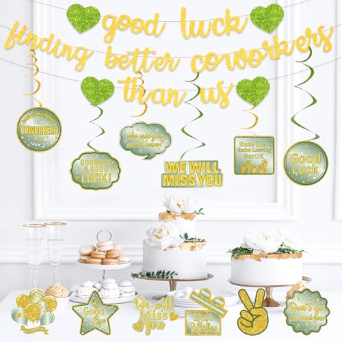 Image of Pre-Strung Good Luck Finding Better Coworkers Than Us Banner, Green Gold Glitter Going Away Party We Will Miss You Decorations, Great for Goodbye Farewell Job Change Party