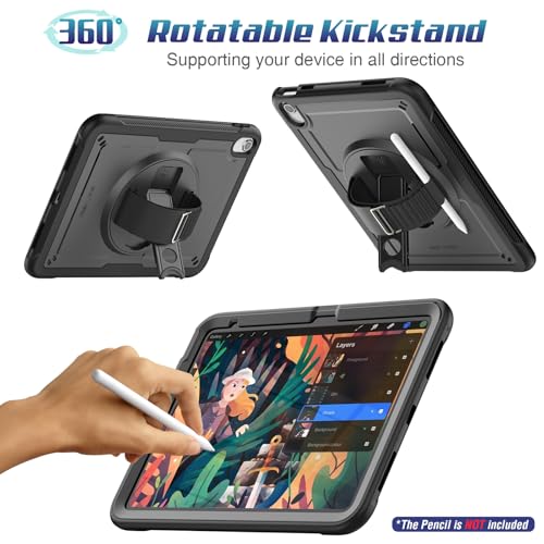 SEYMAC stock Case for iPad A16 11-inch Case 2025/ for iPad 11th/ 10th Generation 10.9'' 2022, Protective with Screen Protector, Pen Holder, Rotate Stand, Loop Nylon Hand Strap, Shoulder Strap, Black by SEYMAC stock - Image 4