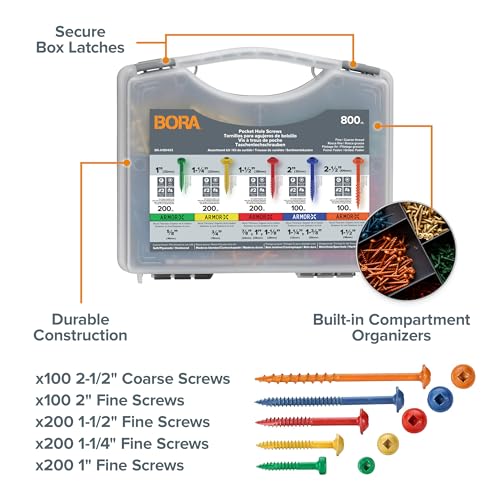 Pocket Hole Screws 800 Piece Assortment Kit - Bora Pocket Hole Jig Compatible Wood Screws Square Drive Fine & Coarse Thread for Pocket Screw Jig - 1 to 2.5 Inch Set Screw Kit Indoor & Outdoor Use by BORA - Used condition - Image 2