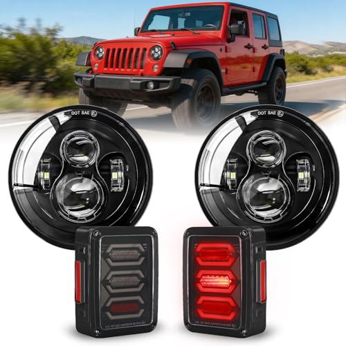 UNI-SHINE 2pcs 7 LED Projector Headlights & 2pcs Hexagon Smoked Tail Lights Kit Compatible with Jeep Wrangler JK/JKU 2007-2018 Front Hi/Lo Beam & Brake Lights