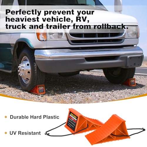 Image of Wheel Chocks, 4 PACK Heavy Duty Wheel Chocks for Car with Rope for Easy Removal, Durable, Non-Slip, Hard Plastic Tire Stopper Blocks for RV, Camper, Trailer, Effective in Keeping Your Vehicle in Place