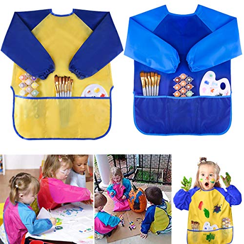 WENTS Delantal Infantil Pintura, Babero Arte Smock, Manga Larga Impermeable Delantales, Edad 4-9 años, 2 Pack (Azul and Amarillo)