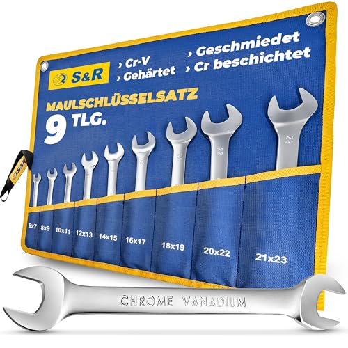 S&R 9-Piece Open-End Spanner Set - Master Series, Industrial-Grade, Double Open-Ended Wrenches 6-23 mm - Cr-V Steel, Hardened, Double Chrome-Plated - Tetron Roll Bag Included
