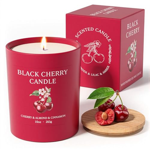 NORVENCE Black Cherry Candles Gifts for Women, Scented Candle Gifts Set for Her, 283g Soy Candles with Bamboo Lid, Birthday Gifts for Women and Men, Hand-Poured Candle for Relaxation, Home Decor