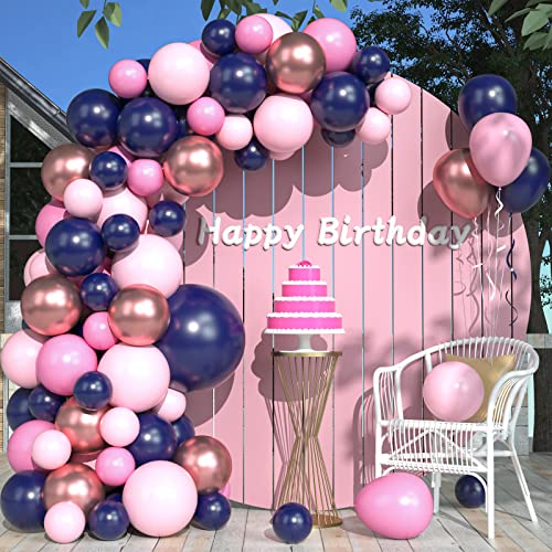 AOLOA Guirlande de ballons bleu rose - 96 pièces bleu marine rose ballons guirlande métallique rose rose ballon en latex pour anniversaire, mariage, fête prénatale, douche nuptiale, décoration réveal Cover
