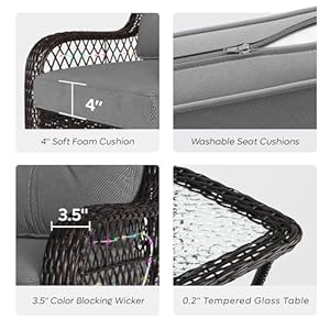 Bestier 3 Pieces LED Patio Bistro Set Wicker Swivel Rocking Chairs Set Outdoor Rattan Gliding Chair Set of 2 with Anti Slip Grey Cushions Tempered Glass Side Table for Porch BalconyDark Brown