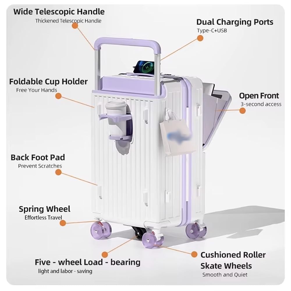 Maleta rígida con ruedas giratorias de 360°, puerto de carga USB y soporte para teléfono para viajes de negocios, equipaje duradero de apertura frontal de 20 pulgadas con asa ancha, Purple