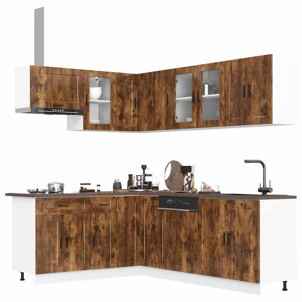 Porto - Set di 11 mobili da cucina in legno di quercia affumicata, con spazio versatile per cucina, sala da pranzo, ufficio, armadi alti e inferiori, pensili, credenze, comò, buffet