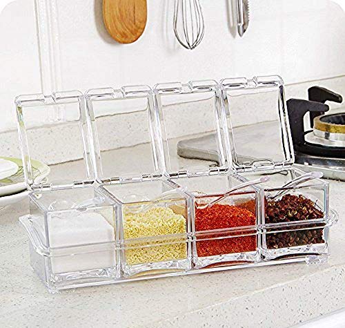 Image of Spice Box Set with Transparent Containers, Hinged Lids, Spoons and Tray